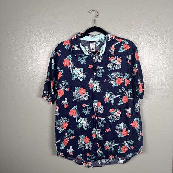 Star Wars Hawaiian Shirt Men’s Sz Medium Blue Vader‎ Stormtrooper Aloha Tropical - Picture 1 of 7